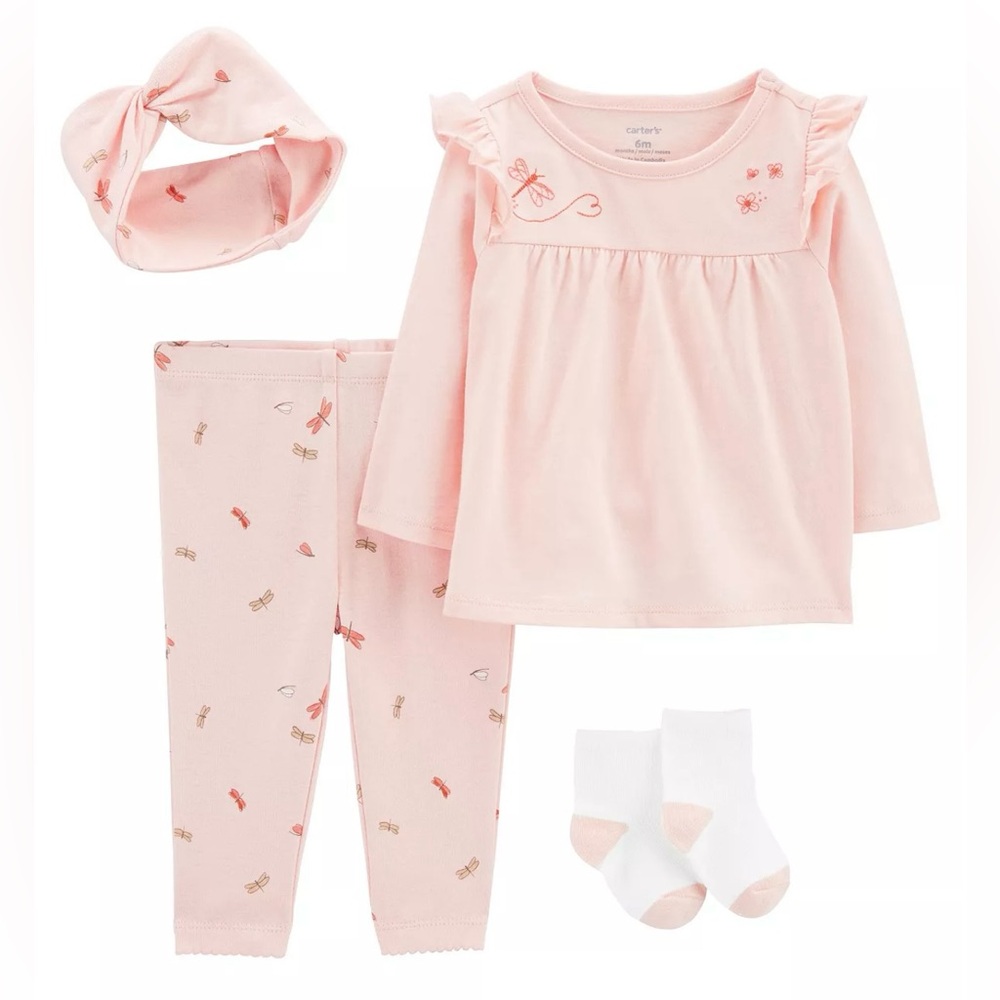 Baby Girls Top, Leggings, Socks and Headband, 4 Piece Set
